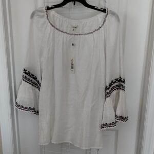 Max Studio White Blouse with Black and Pink Embroidery